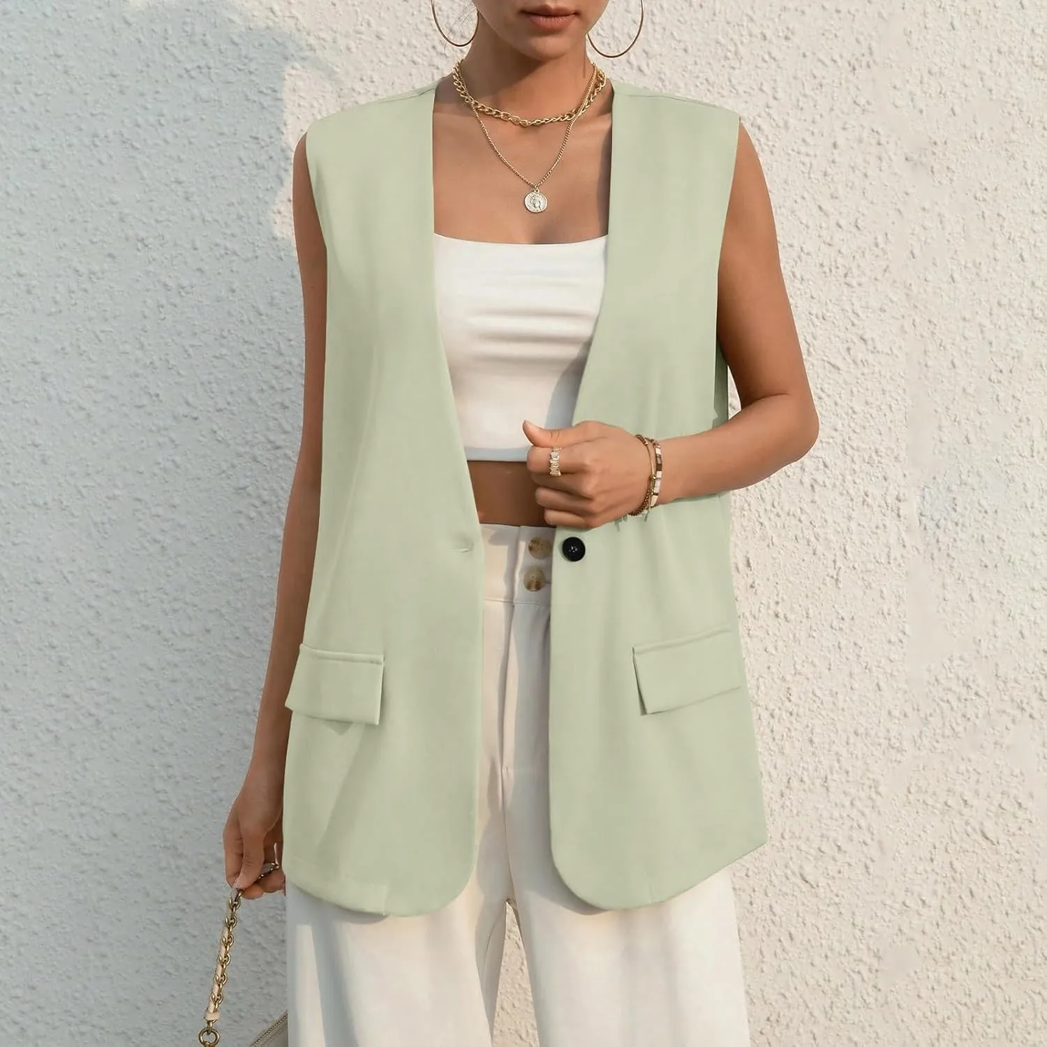 Women's Sleeveless Blazers Solid Color Open Front Blazer Vests Lapel Single Button Business Casual Jackets