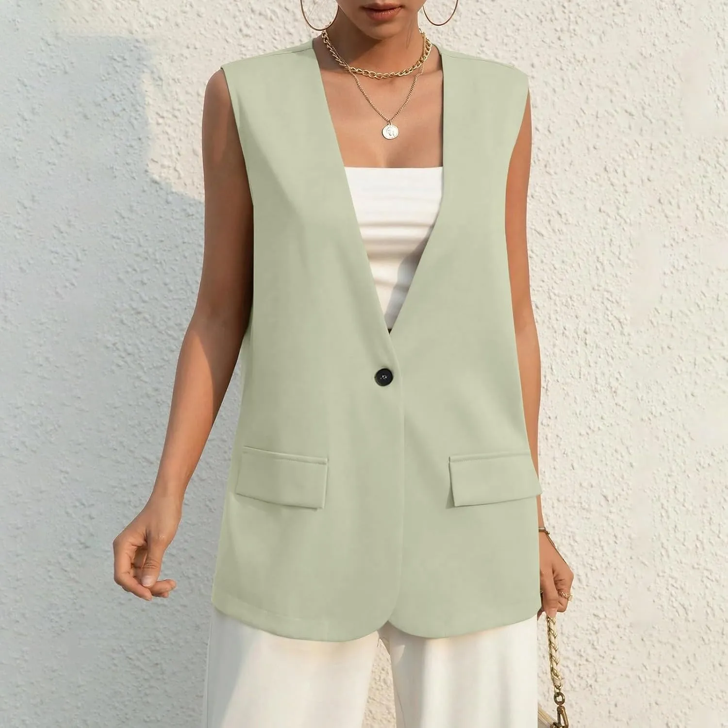 Women's Sleeveless Blazers Solid Color Open Front Blazer Vests Lapel Single Button Business Casual Jackets