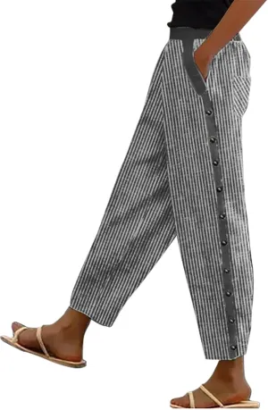 Womens Striped Print Lounge Pants Casual Elastic Summer Beach Travel Vacation Wide Leg Pants Ankle Length Trousers