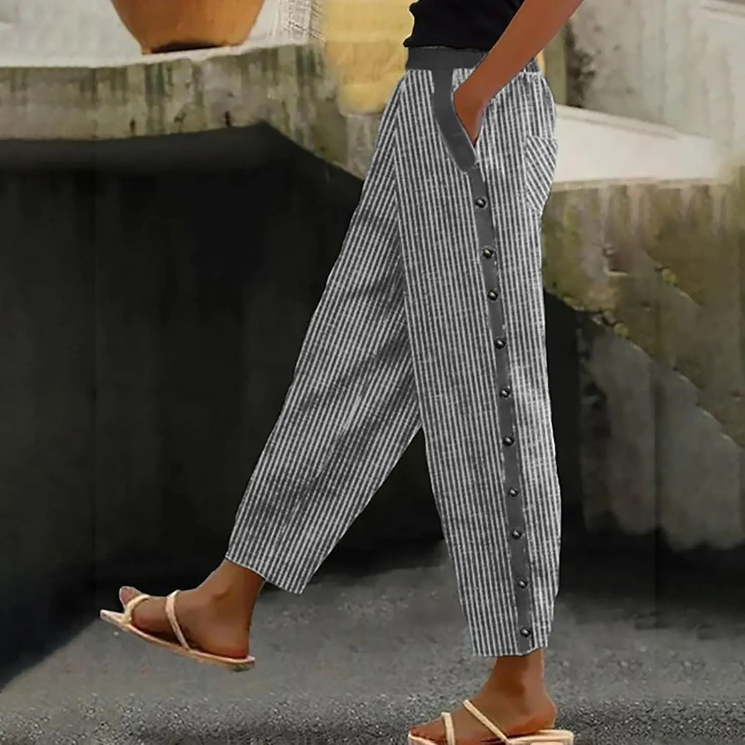 Womens Striped Print Lounge Pants Casual Elastic Summer Beach Travel Vacation Wide Leg Pants Ankle Length Trousers