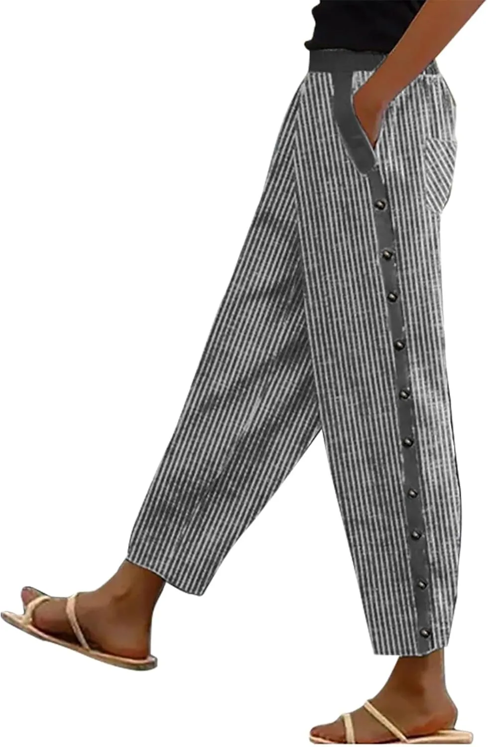 Womens Striped Print Lounge Pants Casual Elastic Summer Beach Travel Vacation Wide Leg Pants Ankle Length Trousers