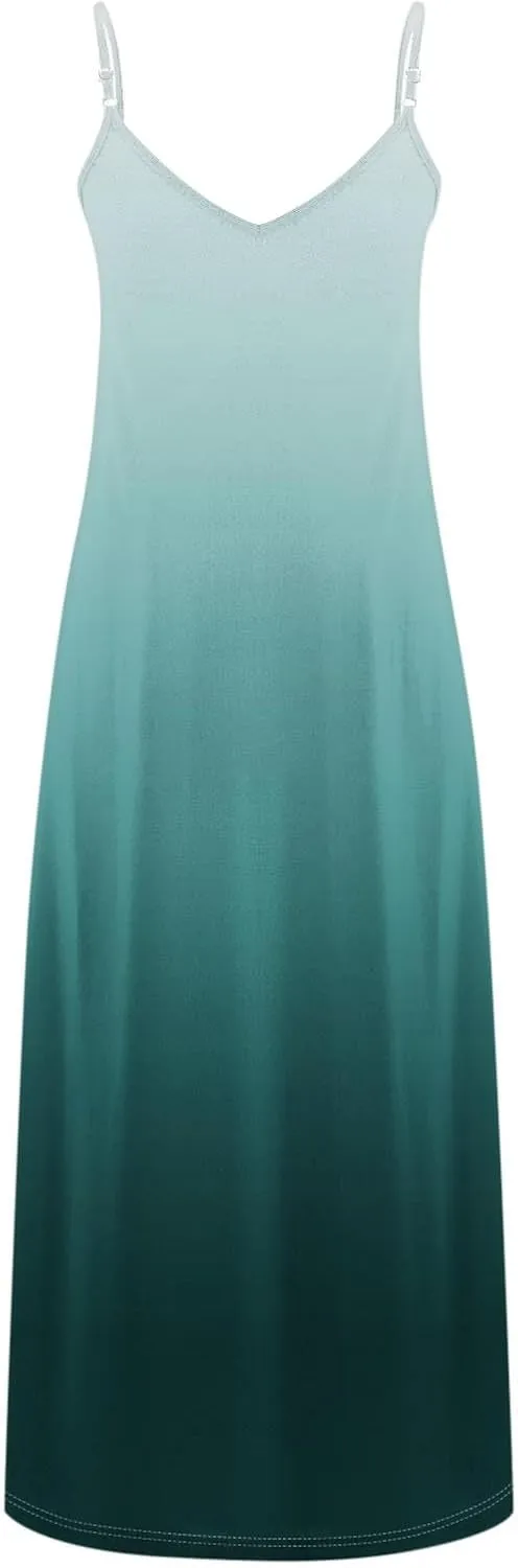 Women's Summer Casual Spaghetti Strap Dress V Neck Boho Loose Maxi Sundresses Gradient Sleeveless Beach Long Dresses