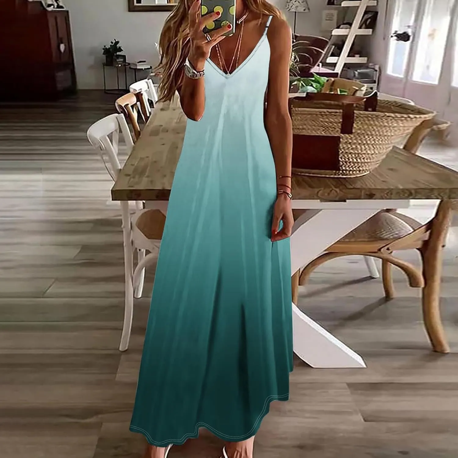 Women's Summer Casual Spaghetti Strap Dress V Neck Boho Loose Maxi Sundresses Gradient Sleeveless Beach Long Dresses