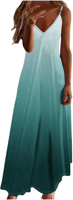 Women's Summer Casual Spaghetti Strap Dress V Neck Boho Loose Maxi Sundresses Gradient Sleeveless Beach Long Dresses