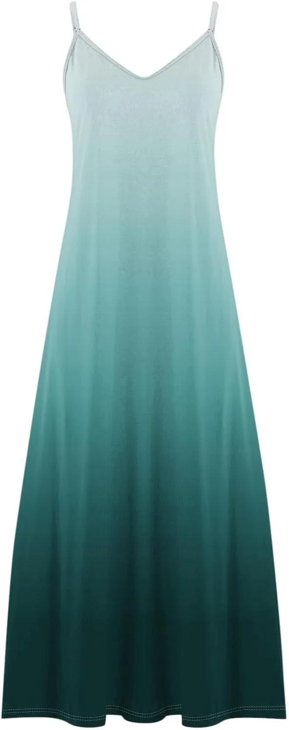 Women's Summer Casual Spaghetti Strap Dress V Neck Boho Loose Maxi Sundresses Gradient Sleeveless Beach Long Dresses