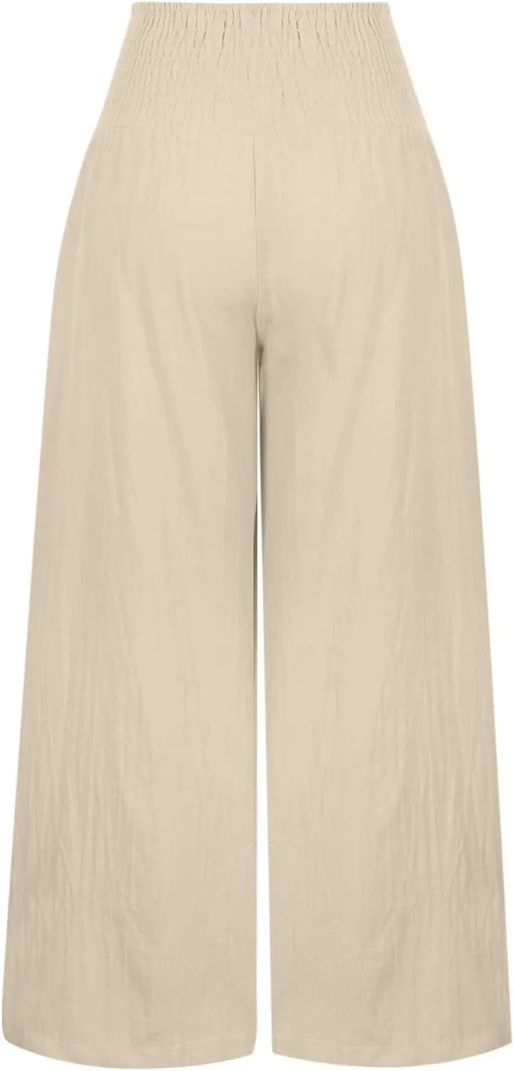 Womens Summer Pants Trendy 2025 High Waist Cotton Linen Palazzo Pants Smocked Wide Leg Boho Beach Travel Outfits