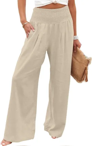 Womens Summer Pants Trendy 2025 High Waist Cotton Linen Palazzo Pants Smocked Wide Leg Boho Beach Travel Outfits