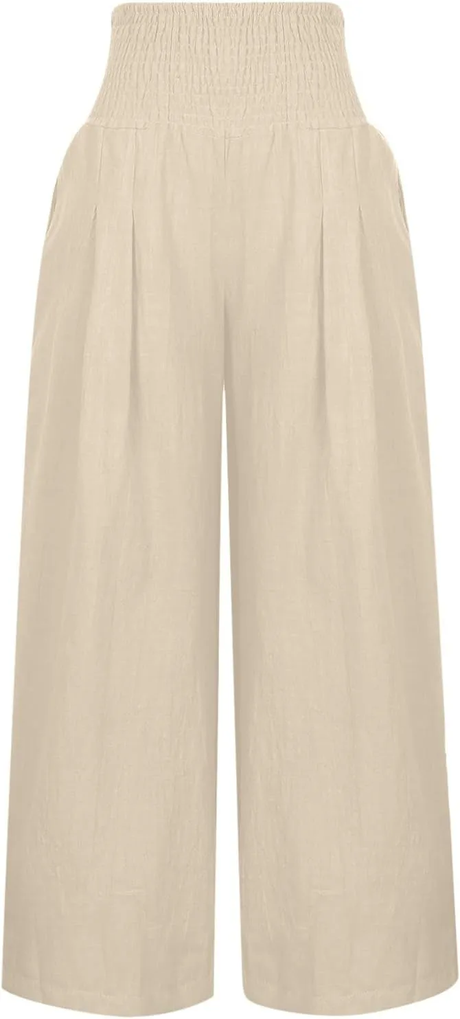 Womens Summer Pants Trendy 2025 High Waist Cotton Linen Palazzo Pants Smocked Wide Leg Boho Beach Travel Outfits