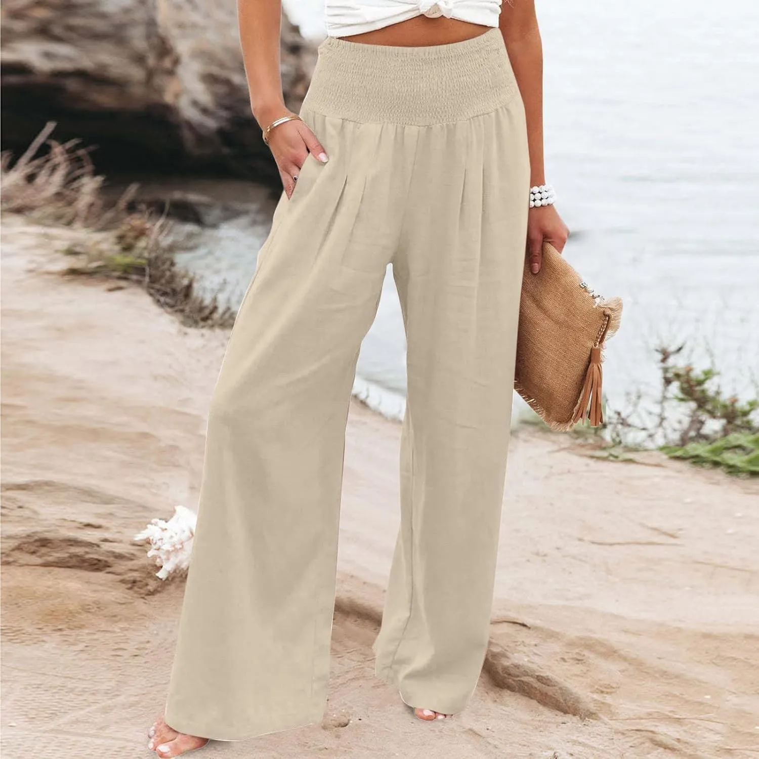 Womens Summer Pants Trendy 2025 High Waist Cotton Linen Palazzo Pants Smocked Wide Leg Boho Beach Travel Outfits