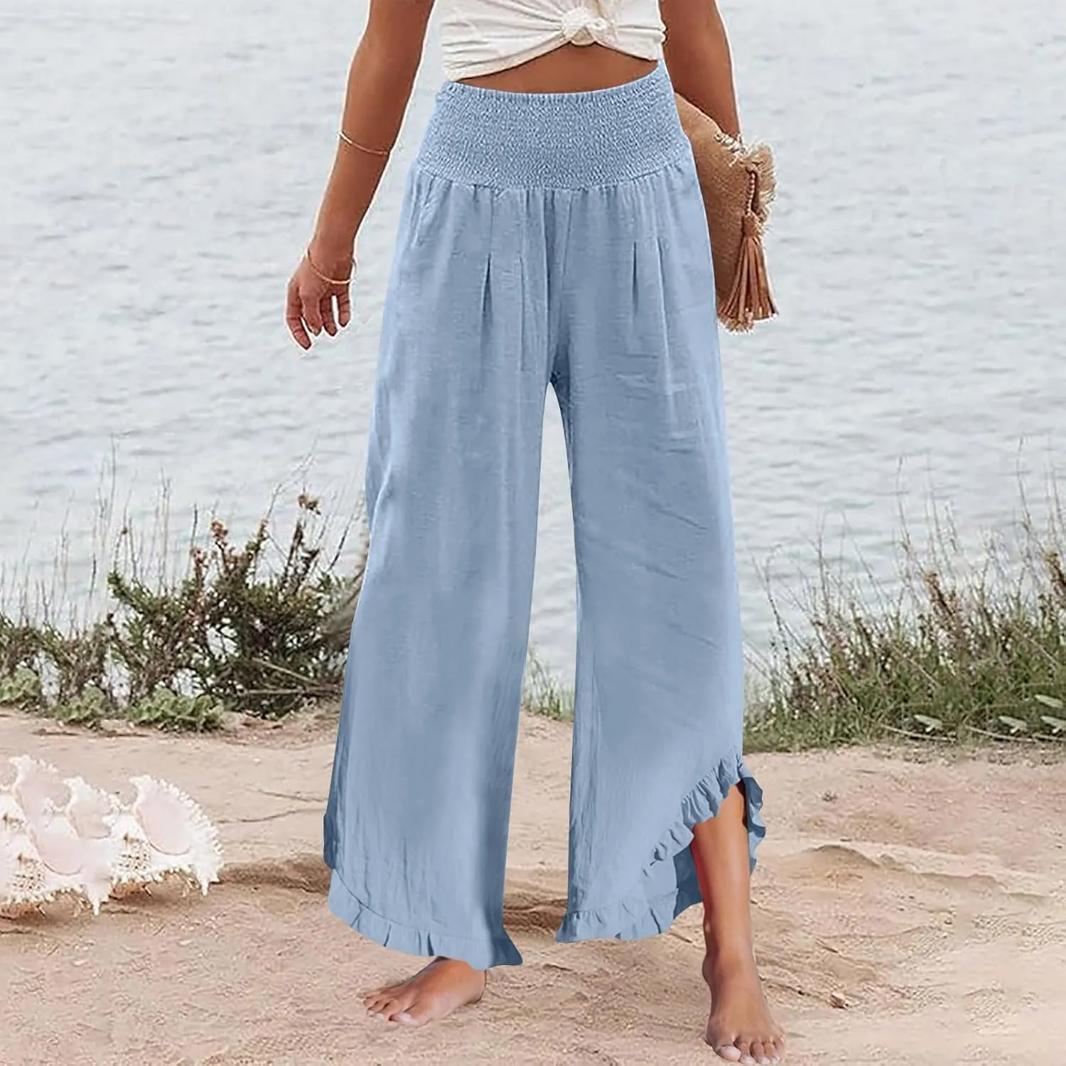 Women's Wide Leg Pants 2025 Solid Petite Stretch Loose Flowy Lounge Pants with Pockets, S-3XL