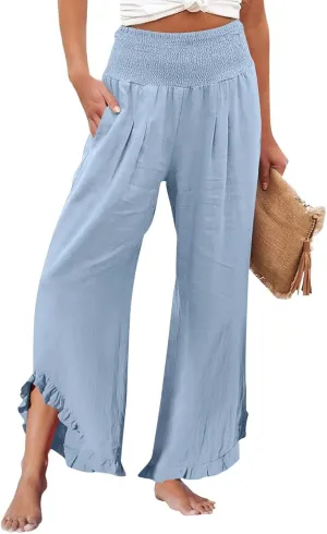 Women's Wide Leg Pants 2025 Solid Petite Stretch Loose Flowy Lounge Pants with Pockets, S-3XL