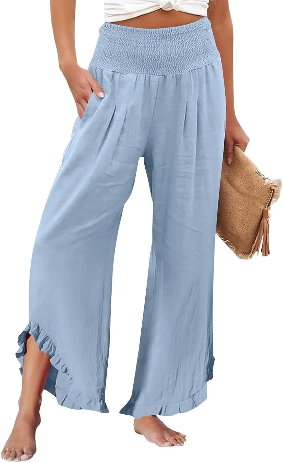 Women's Wide Leg Pants 2025 Solid Petite Stretch Loose Flowy Lounge Pants with Pockets, S-3XL