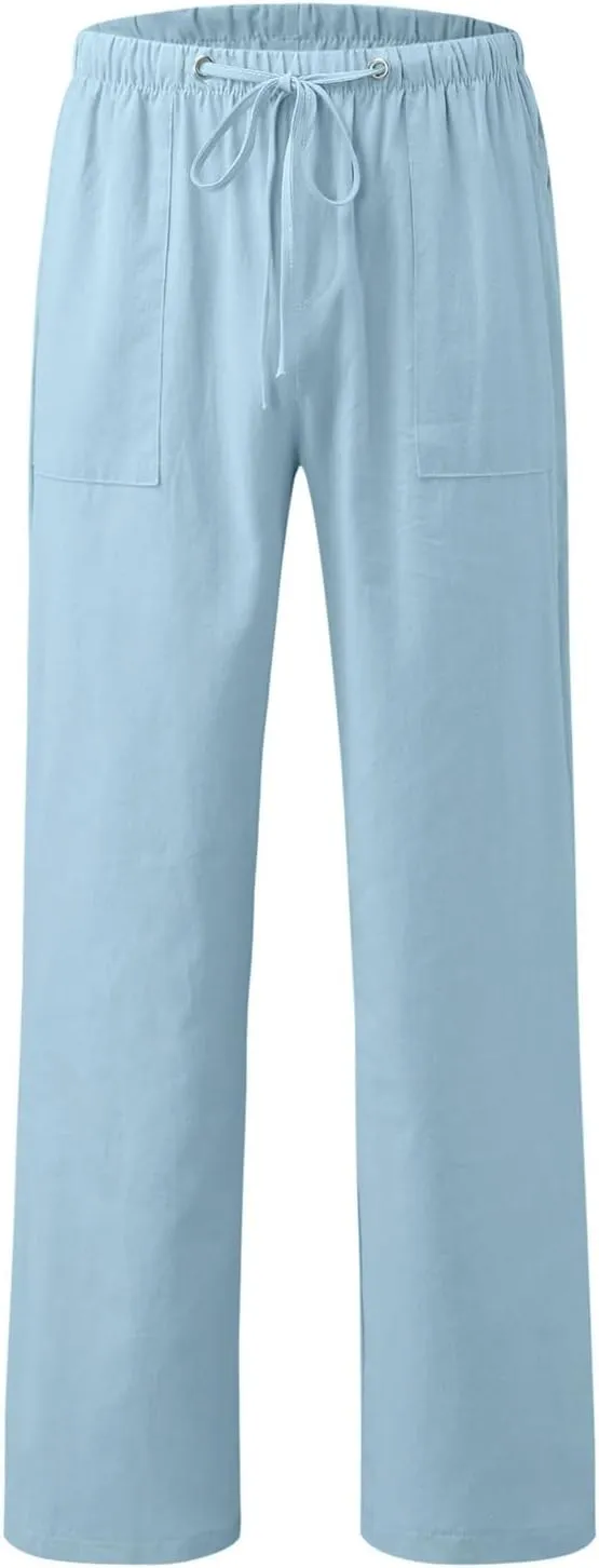 Women's Wide Leg Trousers Fashion Casual Cotton Hemp Drawstring Solid Color Beach Trousers Pants Dress