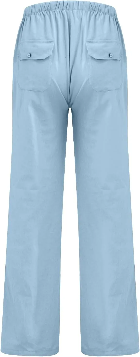 Women's Wide Leg Trousers Fashion Casual Cotton Hemp Drawstring Solid Color Beach Trousers Pants Dress