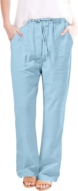 Women's Wide Leg Trousers Fashion Casual Cotton Hemp Drawstring Solid Color Beach Trousers Pants Dress