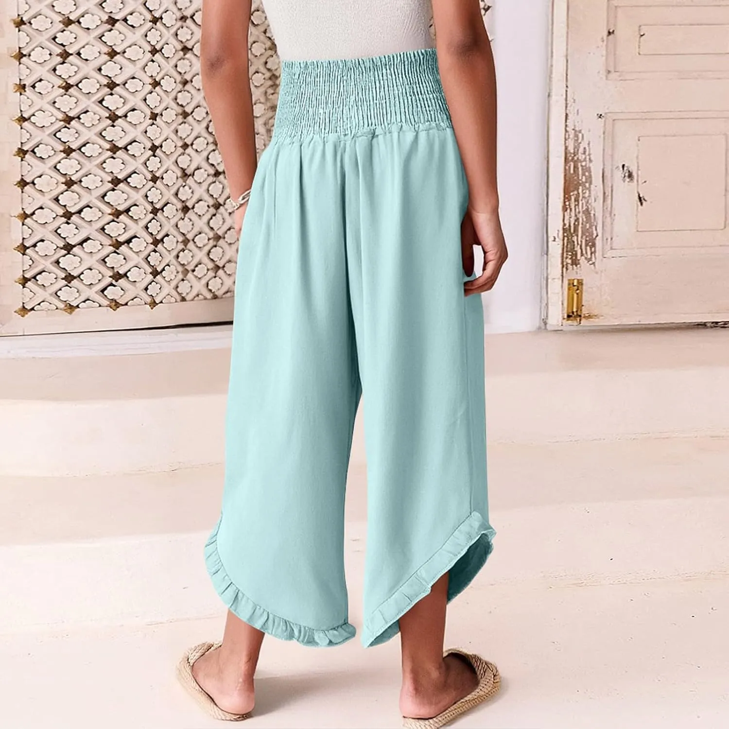 Yesunpxs Womens Pants 2025 Summer Wide Leg Beach Capris Lightweight High Waist Ruffle Flowy Palazzo Pant Boho Casual Trousers
