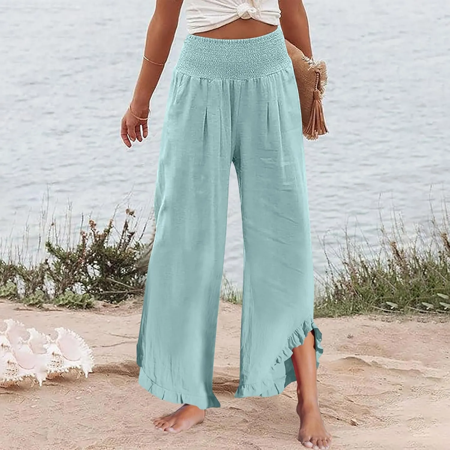 Yesunpxs Womens Pants 2025 Summer Wide Leg Beach Capris Lightweight High Waist Ruffle Flowy Palazzo Pant Boho Casual Trousers