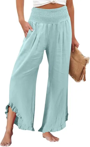 Yesunpxs Womens Pants 2025 Summer Wide Leg Beach Capris Lightweight High Waist Ruffle Flowy Palazzo Pant Boho Casual Trousers